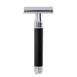 Edwin Jagger Safety Razor Chrome Plated and Black with Indented Lines DE86RC14BL Closed Comb
