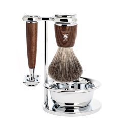 MUHLE RYTMO Shaving Set 4pcs Chrome and Wood with Safety Razor Brush Pure Badger Bowl and Stand S81H220SSR