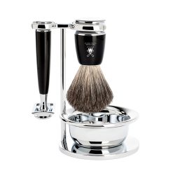 MUHLE RYTMO Shaving Set 4pcs Chrome and Black with Safety Razor Brush Pure Badger Bowl and Stand S81M226SSR